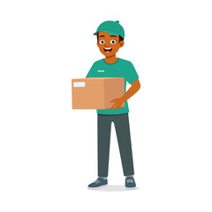 young delivery man holding package and smile