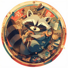 Naklejka premium cute raccoon inside a clock