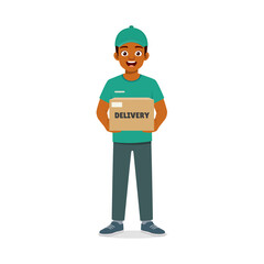 young delivery man holding package and smile