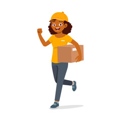 young delivery woman holding package and run