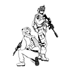 Modern Israel army soldiers in uniform black and white ink vector illustration for Veteran Day