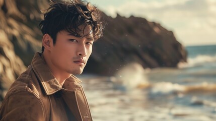 Handsome korean young man in the beach of ocean - Powered by Adobe