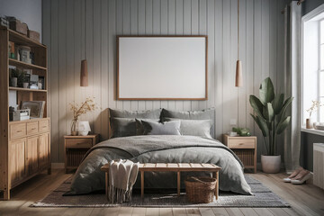 Mock up frame in cozy home interior background, coastal style bedroom, 3d rendered