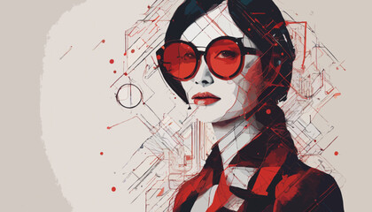 Portrait einer jungen Frau mit roter Brille und entschlossenem Blick. Vertrauen in das eigene Können  und die Zukunft. Vektor - Grafik