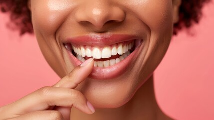 Obraz premium a woman points her finger at her teeth --ar 16:9 --style raw Job ID: 310fc762-c3da-45a8-8816-f6f4eed33f2a