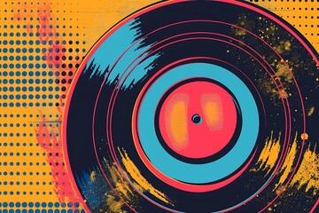 A stylized vinyl record with pop art flair and vivid colors
