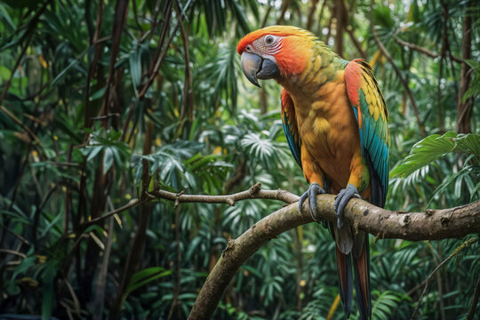 Bellezza tropicale- Parrocchetto posato nella vegetazione della giungla