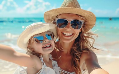 Mother and daughter taking holiday selfies on the beach in summer 