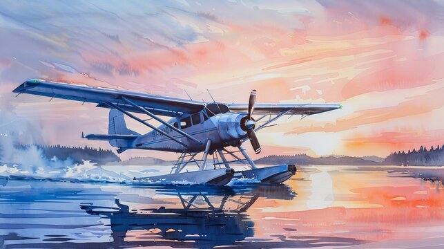 Dynamic watercolor of a retro seaplane landing on water at dusk, the sky painted in soft pastels of pink and orange, reflecting the quiet beauty of flight