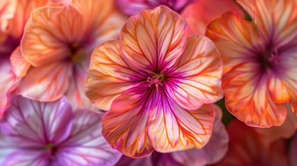 Closeup of geranium pelargonium flowers, showcasing their vibrant colors and intricate petal patterns