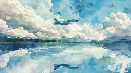 Artistic watercolor depiction of a MiG-15 jet soaring above a serene lake with fluffy white clouds reflecting in the water, merging tranquility with power