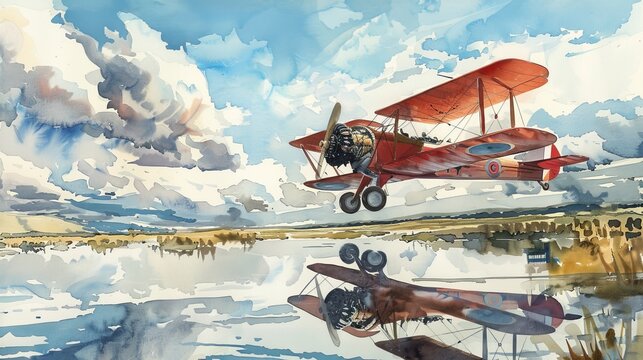 Artistic watercolor depiction of a Bleriot XI gliding above a white desert under a sunlit sky, highlighting the adventurous early days of flight