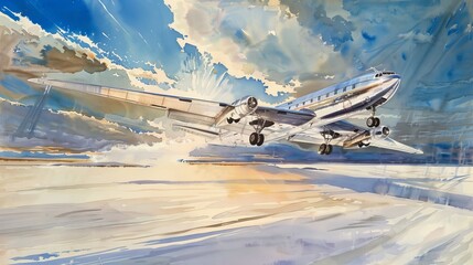 Artistic watercolor of a Douglas DC-8 cruising over a white desert under a sunlit sky, highlighting the vast possibilities of early jet travel