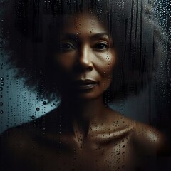 portrait of a middle age african woman made of raindrops on the window, low light,  Minimalist photography