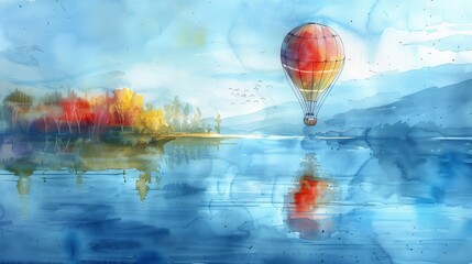 Fototapeta premium Artistic watercolor of a hot air balloon drifting over a calm lake, the reflection adding depth and a sense of adventure