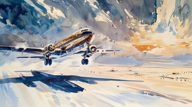 Artistic watercolor of a Douglas DC-8 cruising over a white desert under a sunlit sky, highlighting the vast possibilities of early jet travel
