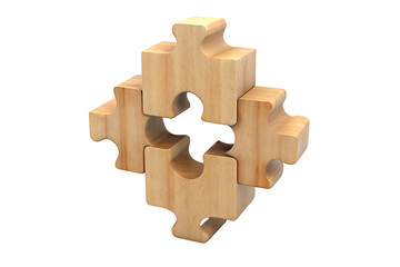 Fototapeta premium Classic wooden puzzle pieces assembled, symbolizing problem-solving and creativity on a transparent background