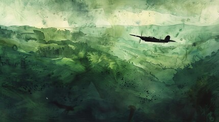 Fototapeta premium Delicate watercolor of a lone bomber over a lush green landscape, the stark contrast between the machine and nature emphasizing the era's technological advancement