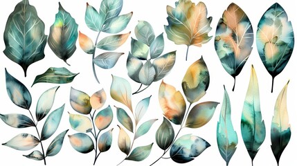 High-resolution image of a collection of vivid watercolor leaves, showcasing a variety of green and yellow hues, elegantly presented on a clean white canvas
