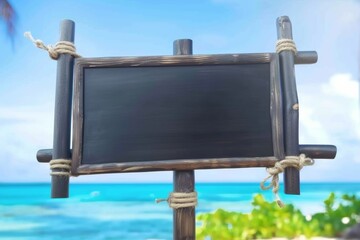 A charming rustic chalkboard sign tied with ropes, set against a serene beach background, perfect for casual dining or beach event promotions with space for custom text