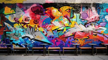 a colorful graffiti - covered wall serves as the backdrop for a variety of seating options, includi