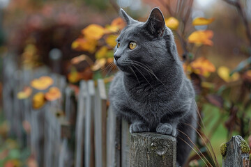A sleek Russian Blue cat poised on a weathered fence post, surveying its domain with quiet confidence.