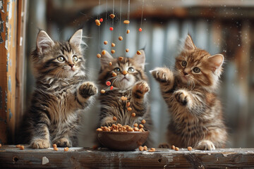 A trio of playful kittens batting at a dangling toy, taking a break to enjoy a bowl of kitten kibble.
