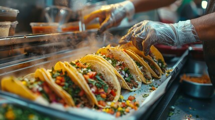 Candid shot of tacos being made in a foodtruck