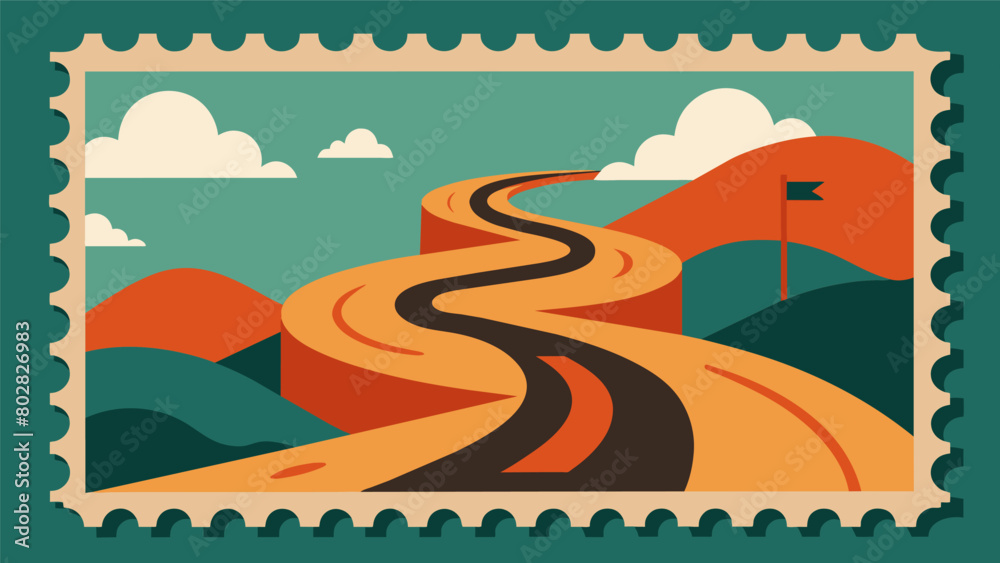 Sticker One stamp features a winding road representing the ups and downs of the journey and the challenges that the individual faced along the way..