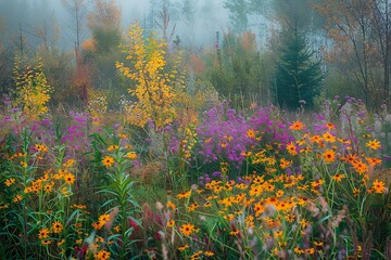 Fototapeta na wymiar A tapestry of autumn hues a field of wildflowers sways gently in the cool breeze of a crisp autumn morning, their vibrant colors creating a breathtaking display of seasonal change.