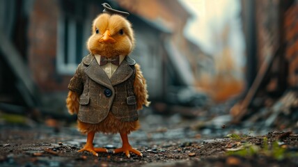 Stylish chicken struts through city streets with feathered finesse, embodying street style. The realistic urban backdrop frames this fashionable fowl, merging farm charm with contemporary flair in a d