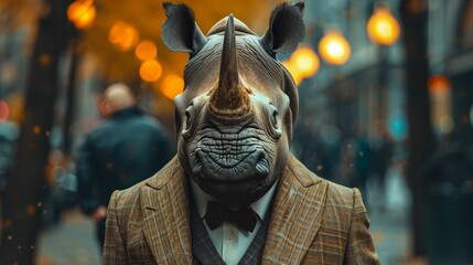Suave rhinoceros saunters through city streets in tailored splendor, epitomizing street style. The realistic urban setting captures the rugged charm of this powerful creature, seamlessly merged with c