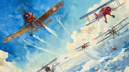 Dynamic watercolor of multiple vintage aircraft racing across a clear blue sky, illustrating the competitive spirit of early aviators