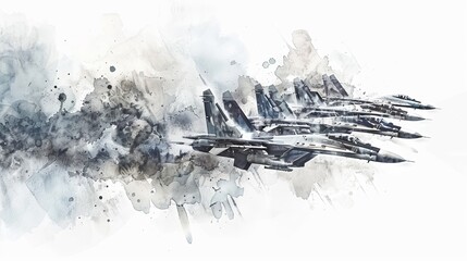 Dynamic watercolor scene of a squadron of jets flying in formation, the white background emphasizing their coordinated elegance and power
