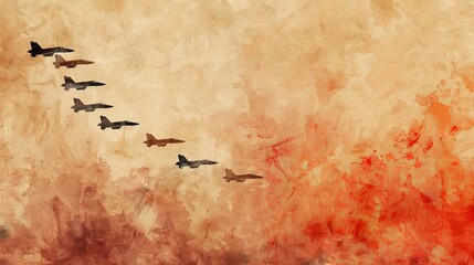 Dynamic watercolor scene featuring a squadron of fighter jets in formation, their silhouettes striking against the plain background