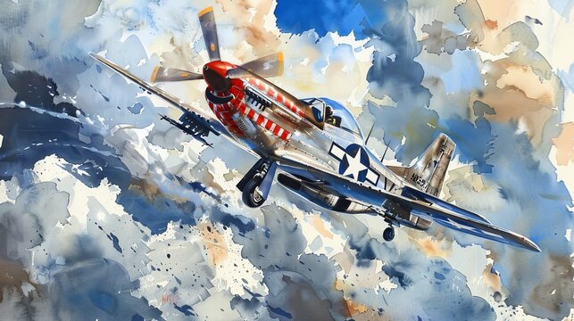 Dynamic watercolor portrayal of a P-51 Mustang in a sharp ascent, clouds swirling around it, showcasing the agility and speed of the aircraft