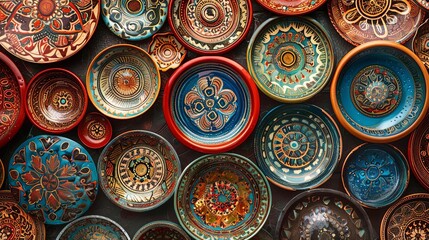 a wall adorned with a variety of colorful plates, including blue, brown, red, and blue - and - brow