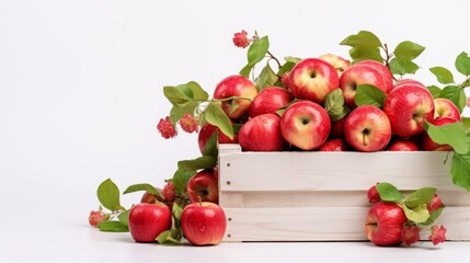 Natural, farm apples in a white wooden box with blossom branch on a white background