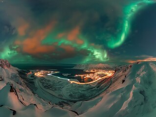 The Northern Lights dance above a snow-covered town nestled between mountains by the sea.