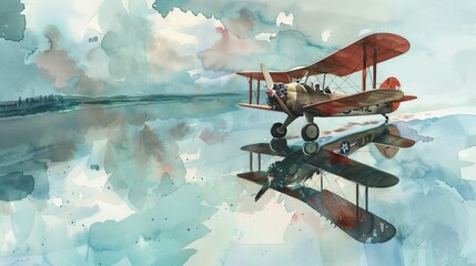 Peaceful watercolor illustration of a World War I fighter plane cruising above a tranquil lake, reflection mingling with sky and water