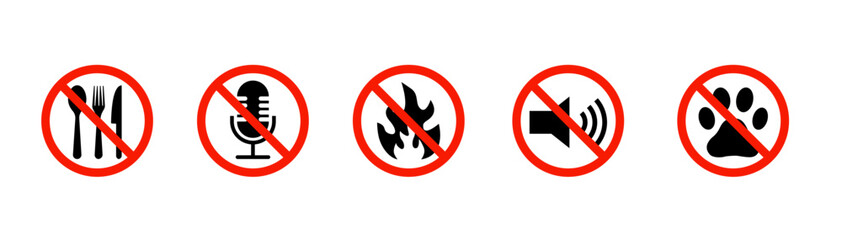 Set of no music, sound, fire, pet, eat . No noise, disturb or loudly. Red prohibition sign. Vector illustration
