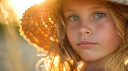 A happy young blond girl in a straw hat is gazing at the camera, showcasing her expressive nose, lip, eyebrow, mouth, jaw, and eyelash. She looks like shes having fun AIG50