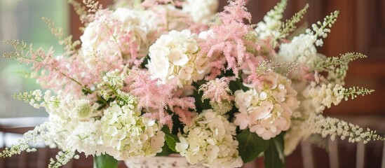 A lovely arrangement of white hydrangeas and pink astilbe showcased indoors, seen up close.