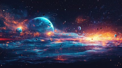 Obraz premium Intense digital artwork featuring a planet engulfed in flames, surrounded by digital glitches and cosmic debris, evoking a sense of urgency and dystopia.