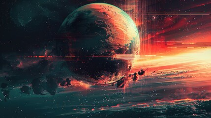 Intense digital artwork featuring a planet engulfed in flames, surrounded by digital glitches and cosmic debris, evoking a sense of urgency and dystopia.