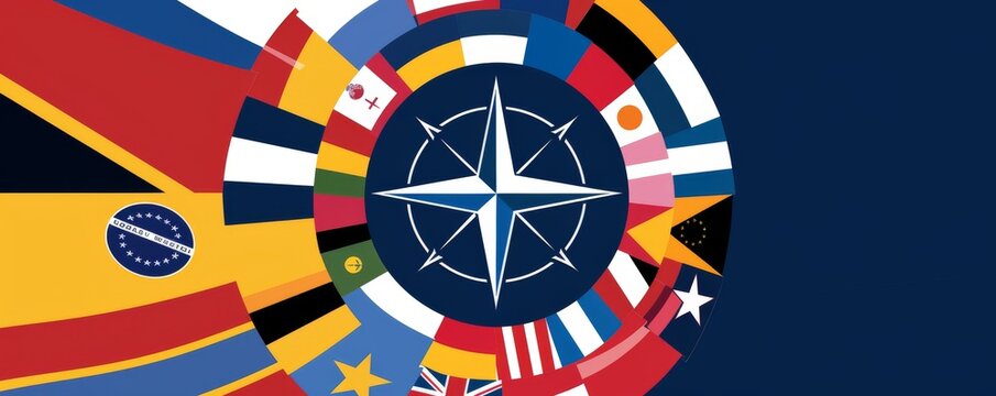 Graphic design showcasing NATO unity with member countries' flags and emblem
