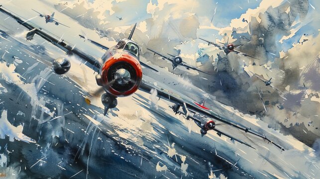 Watercolor artwork of multiple vintage jets, including F-86 and MiG-15, flying in formation above a sprawling ocean, evoking feelings of freedom and exploration
