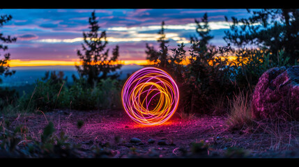 a colorful, pink and purple, long exposure photo of an abstract sphere made from light trails