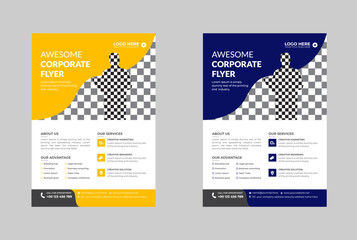 corporate modern Creative abstract business flyer design template with blue and yellow color. trendy A4 size flyer design with minimalist layout