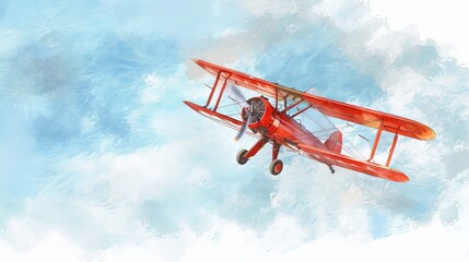 Watercolor illustration of a biplane performing acrobatics in a clear blue sky, the playful maneuvers evoking a sense of adventure and fun